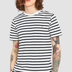 Farah Striped T-Shirt M Black White Crew Neck Patch Short Sleeve Casual Tee